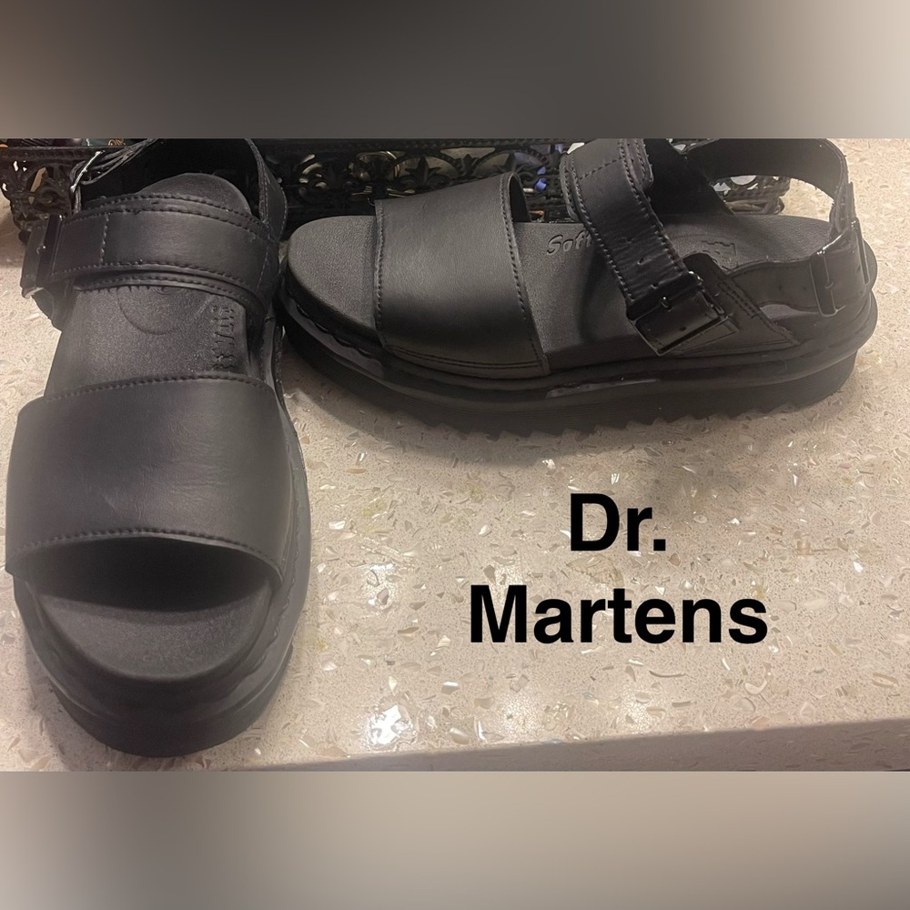 Dr. Martens Voss Black Leather Two-Strap Slide Sandals